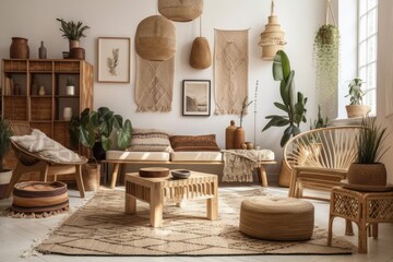 Sticker - Elegant bohemian living area with wooden seat, plants, cactus, mock up picture frames, and personal decorations. coziness. Template. Generative AI