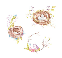 Watercolor bird nests with flower wreath, branch illustrations isolated with sticker sheet for spring designs, wedding invitations, postcards