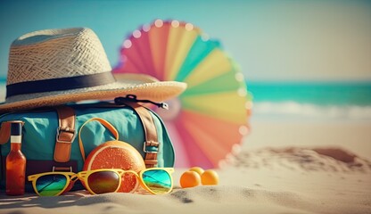 Tropical beach with sunbathing accessories, sunglasses, summer holiday concept background