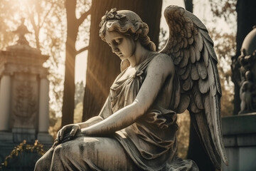 white sculpture of an angel in the cemetery. ai generated