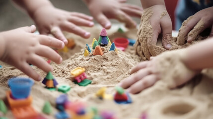 children hands in the sandbox, children play with sand. generative ai