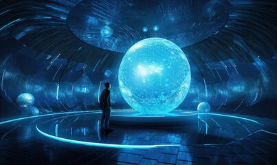 Wall Mural - a man standing in front of a giant blue ball in a room. generative ai