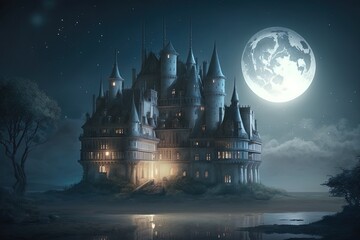 Wall Mural - Amaury's Mystical Castle, Glowing in the Moonlit Night Generative AI