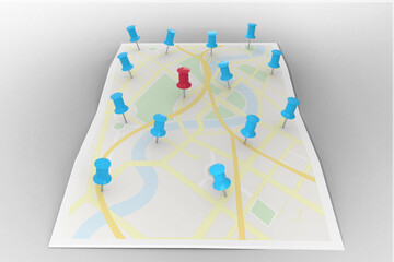 Poster - Red pointer surrounded by blue markers on world map