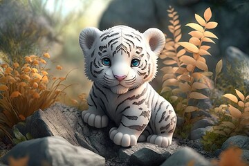 Wall Mural - Cute Cartoon White Tiger (Generative AI)