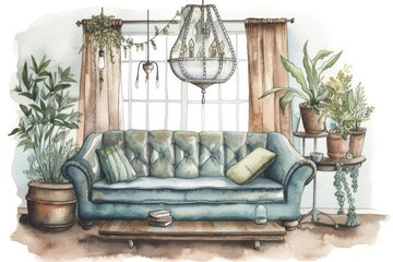 Sticker - Interior design. Hygge couch, rug, chandelier, and plants. Hand drawn watercolor. Watercolor theme homey. homey. furnishings. Generative AI