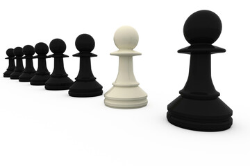 Canvas Print - White chess pawn standing with black pieces