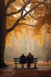 © ahoi! - Old couple sitting on a park bench in autumn, seen from behind, created with generative A.I. technology.