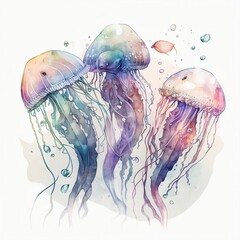 Wall Mural - jellyfish illustration with light watercolor on white background, minimalist animal painting, light watercolor artwork, unique wall décor, ai art. generative ai