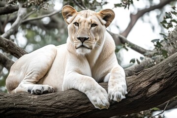 Canvas Print - Isolated white female lion lying on a tree branch. Generative AI