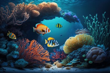 Wall Mural - Coral reef in the sea with fish. AI generated, human enhanced. Background with selective focus