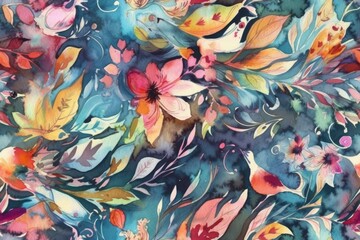 Poster - colorful flowers and leaves on a vibrant blue background. Generative AI