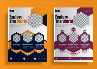 Wall Mural - Explore The World tourist flyer template design, Travel Vacation Tour Agency Flyer Template Design. Holiday, Summer travel, and tourism flyer or poster template design. Business Brochure, Party flyer