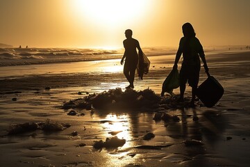 an inspiring image of two volunteers silhouetted against the sunset, diligently picking up litter fr