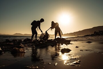 a powerful photo of two volunteers working tirelessly to clean up a polluted beach, with the silhoue