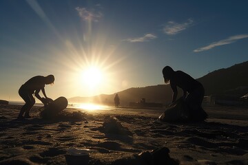 A powerful photo of two volunteers working tirelessly to clean up a polluted beach, with the silhouetted figure demonstrating the passion and commitment needed to make a difference.