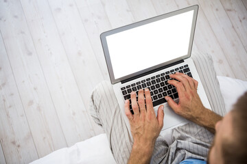 Poster - Overhead view of a man using laptop in living room