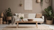 © Jesus From Baku - Domestic and cozy interior of living room with beige sofa, plants, shelf, coffee table, boucle rug, mock up poster frame, side table, plant and elegant decoration Beige wall. Generative ai