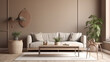 © Jesus From Baku - Domestic and cozy interior of living room with beige sofa, plants, shelf, coffee table, boucle rug, mock up poster frame, side table, plant and elegant decoration Beige wall. Generative ai