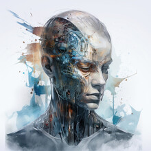 Cybernetic Futuristic Human, Watercolor Style, Generative AI