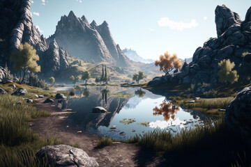 Canvas Print - Beautiful scenic view of lake and mountains generative AI