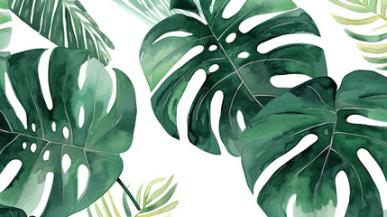 Wall Mural - Tropical monstera palm leaf Wallpaper, Luxury nature leaves pattern design, Hand drawn watercolor design for fabric, print, cover, banner and invitation, Generative AI