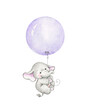Cute elephant hanging on purple  balloon