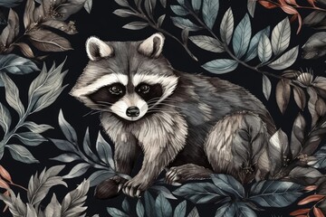 Poster - cute raccoon in a natural setting, surrounded by lush green leaves. Generative AI