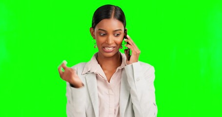 Sticker - Phone call, crazy and hand gesture with a woman on a green screen background in studio having a conversation. Mobile, contact and mental health with a female employee in communication for business