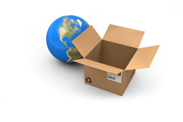 Sticker - 3D image of globe by empty cardboard box