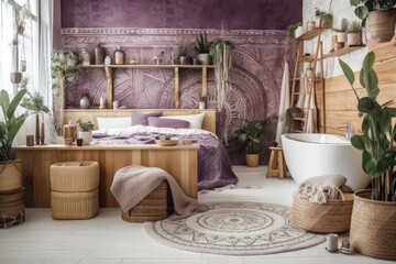 Poster - White and purple bohemian wooden bathroom and bedroom. Bathtub, bed, towel rack, potted plants. Tropical wallpaper. Rustic interior design,. Generative AI