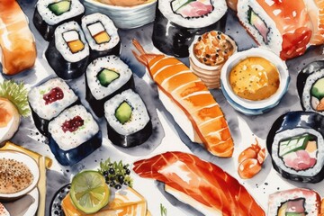 Wall Mural - deliciously arranged sushi platter on a wooden table. Generative AI