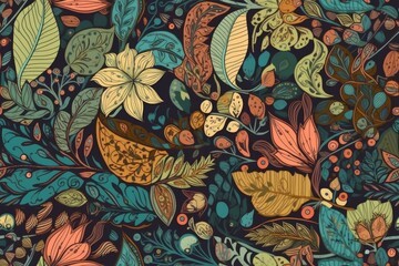 Poster - vibrant and colorful floral pattern with intricate leaves and blossoming flowers. generative ai