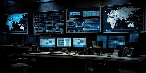Several personal computer monitors showing a language coding program with a system monitoring interface. AI generated