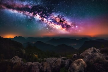 Wall Mural - milky way galaxy with jupiter venus and saturn over the wildfire mountain at dawn. generative ai