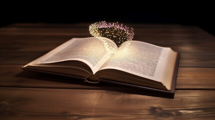 Magic book with magic lights on dark wooden background