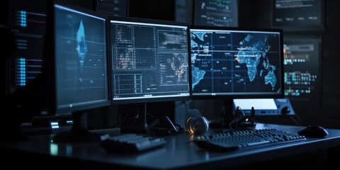 Several personal computer monitors showing a language coding program with a system monitoring interface. AI generated