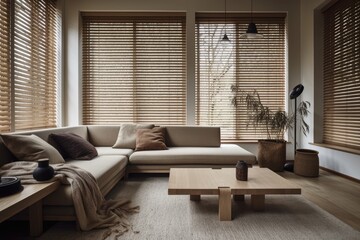 Wall Mural - Beige toned wooden living room. Carpets, paper light, venetian blinds, and fabric couch with cushions. Japanese interiors. Generative AI