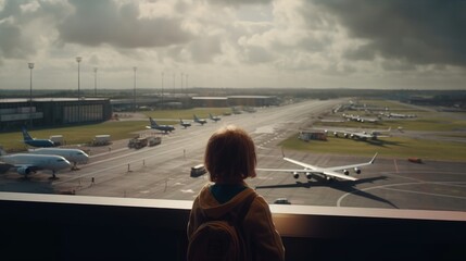 super-detailed ultra hd airport scene: child gazing at planes & people, with ultra-wide angle oc ren