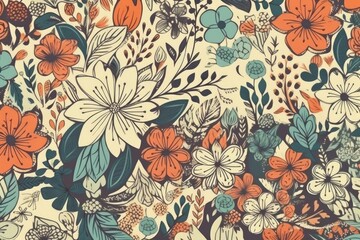 Poster - colorful floral pattern with orange, blue, and green flowers. Generative AI