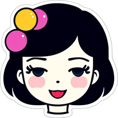 Wall Mural - Sticker with a cartoon head of small girl with a hairstyle and a smile on his funny face, with a white frame around