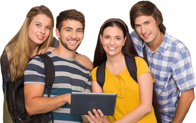 Poster - Students using digital tablet at college corridor