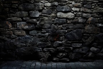 Canvas Print - large panoramic texture of an old black stone wall. Dark background of brickwork made of coarsely broken rock. Abstract background in dark gray. Generative AI