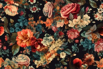 Wall Mural - colorful bouquet of flowers on a black background. Generative AI