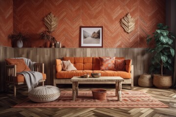 Sticker - Bohemian hardwood living room with wallpaper and herringbone parquet. Sofa, jute carpet, and orange beige décor. Boho decor,. Generative AI