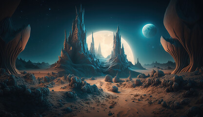 Wall Mural - Generative AI. Space Art: Alien Planet - A Fantasy Landscape with dark skies and planets