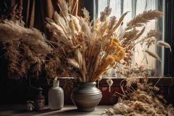 Poster - Dry flowers inside. A bouquet of dried grass decorates the space. Flower minimalist bohemian home interior. Generative AI