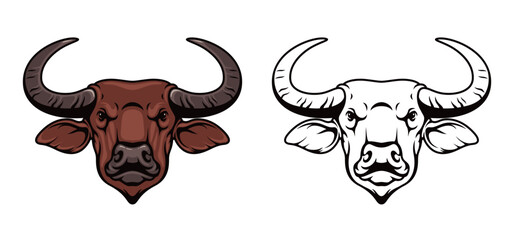 Buffalo head isolated icon on white background. bull logo vector graphics. bull head mascot for your hunting club, poster, company logo, sport team badge, sportswear etc.