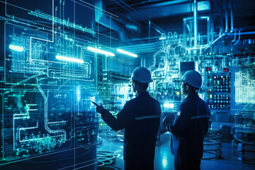 Wall Mural - Male engineers use tablet computer and blueprints to analyze data of power plant station project on network