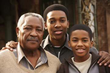 Two teenage grandsons with their grandfather. Black African American family. High quality generative ai